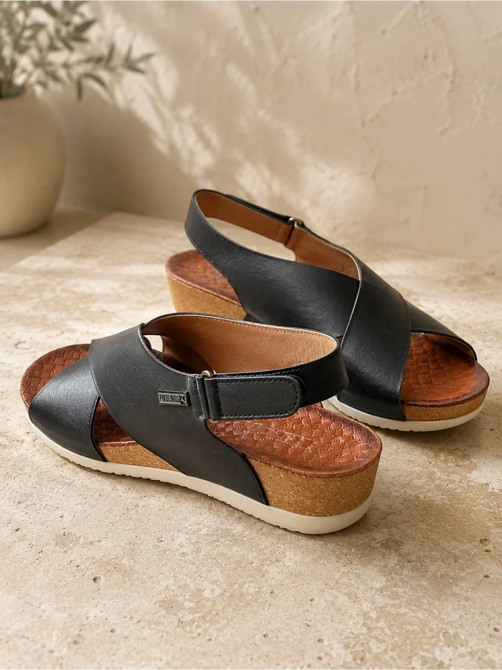 PIKOLINOS Black Leather Cross-Strap Cork Wedge Sandals